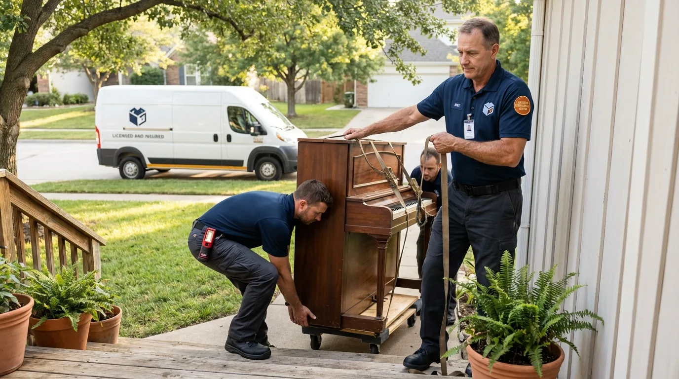 Licensed piano movers securing grand piano in Ashland, PA