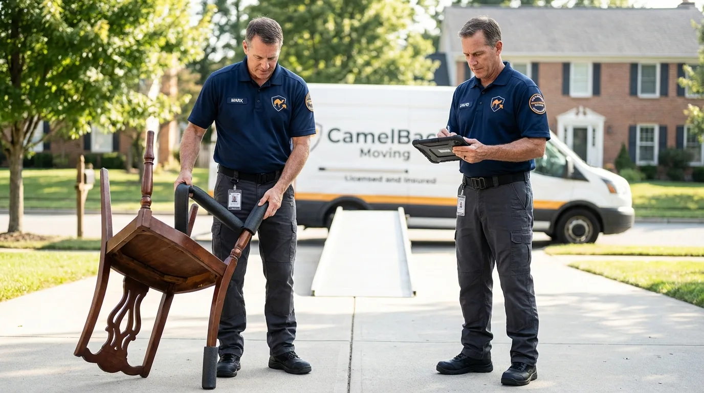 Movers inspecting furniture for damage prevention before loading in Ashland, PA